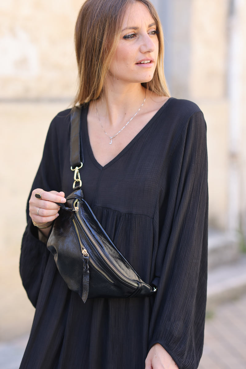 Sac banane brillante noire double zips H059 (1)