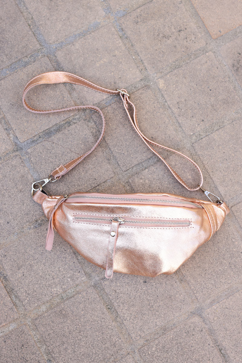 Sac banane brillante rose gold double zips H059 (1)
