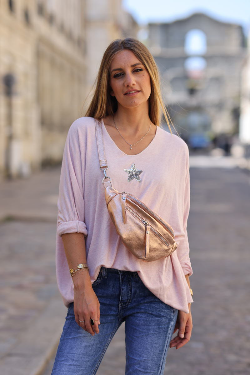 Sac banane brillante rose gold double zips H059 (1)