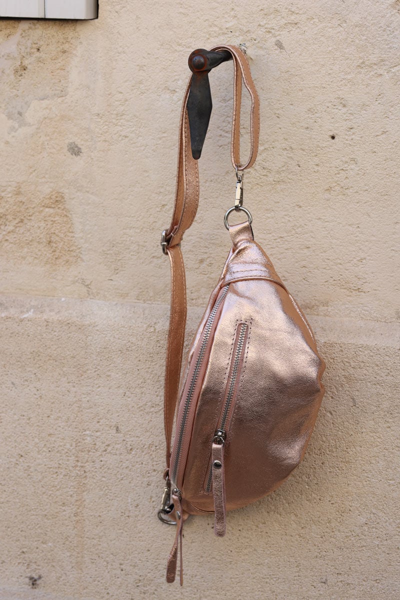 Sac banane brillante rose gold double zips H059 (1)
