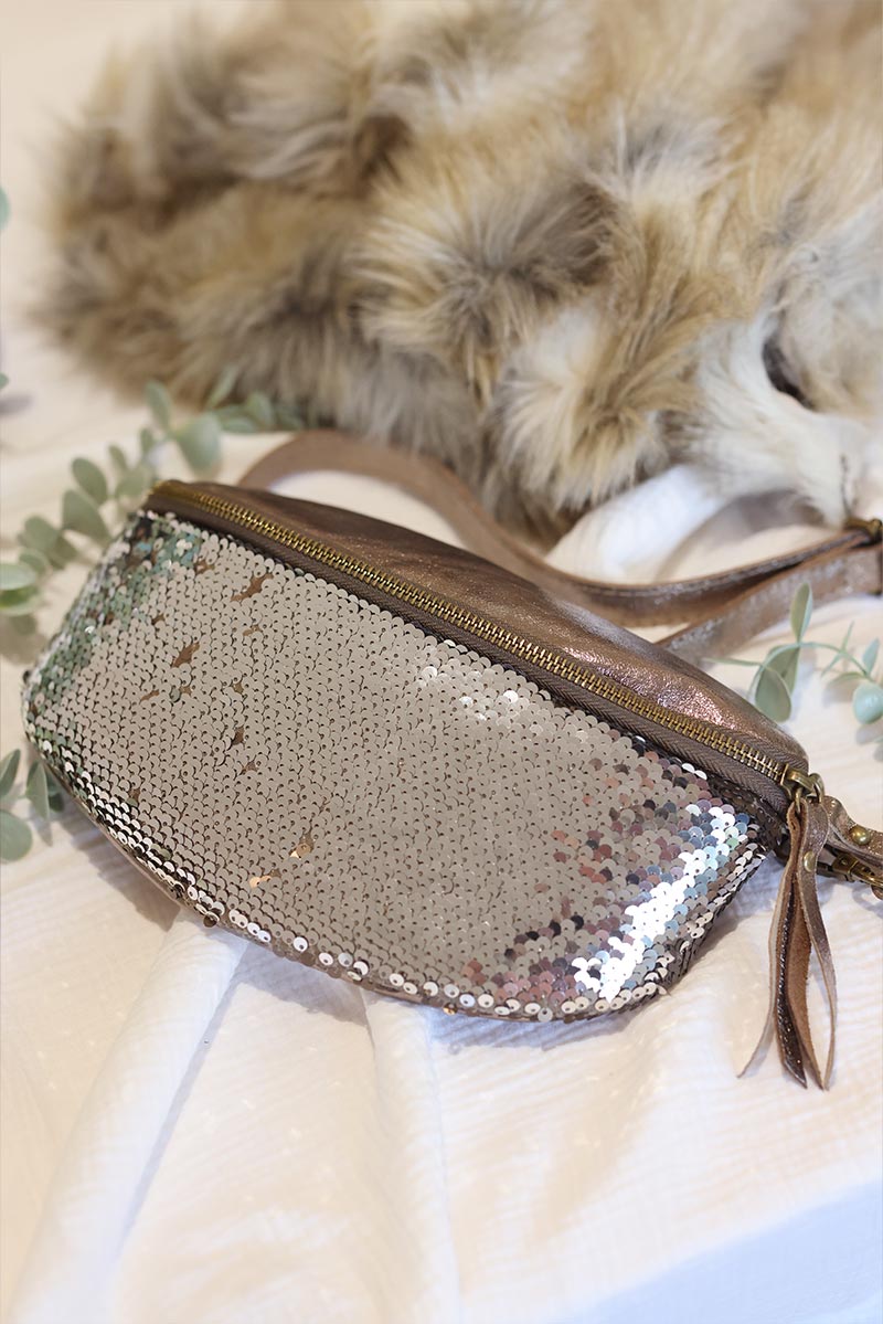 Sac banane métallisée effet bronze argenté sequins pochette pour femme tendance G050