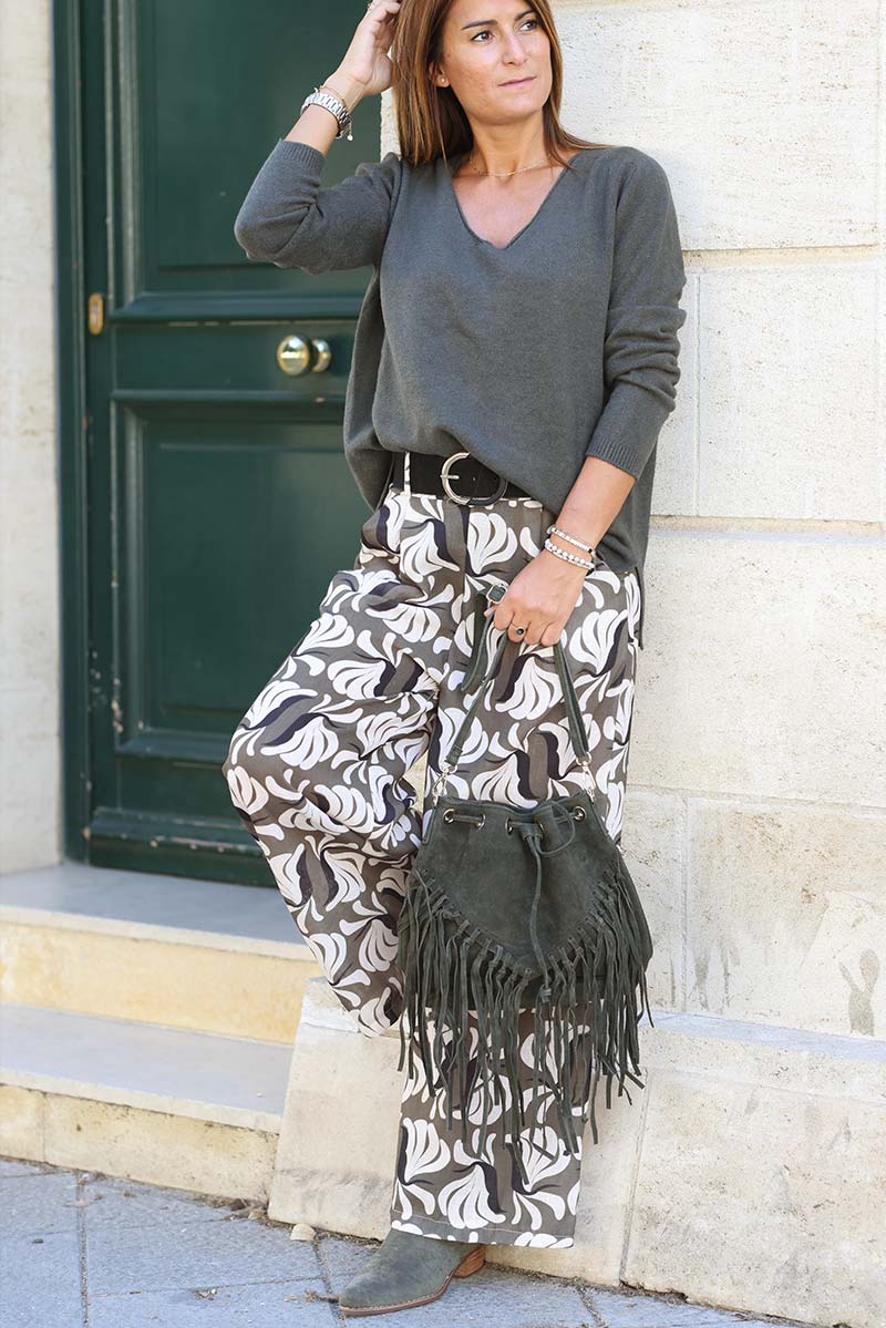 Sac bandoulière matière croute cuir velours franges kaki look bohème hippie G031