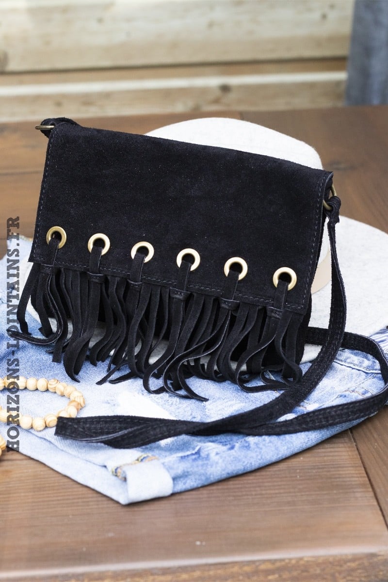 Sac noir en cuir velours rabat franges