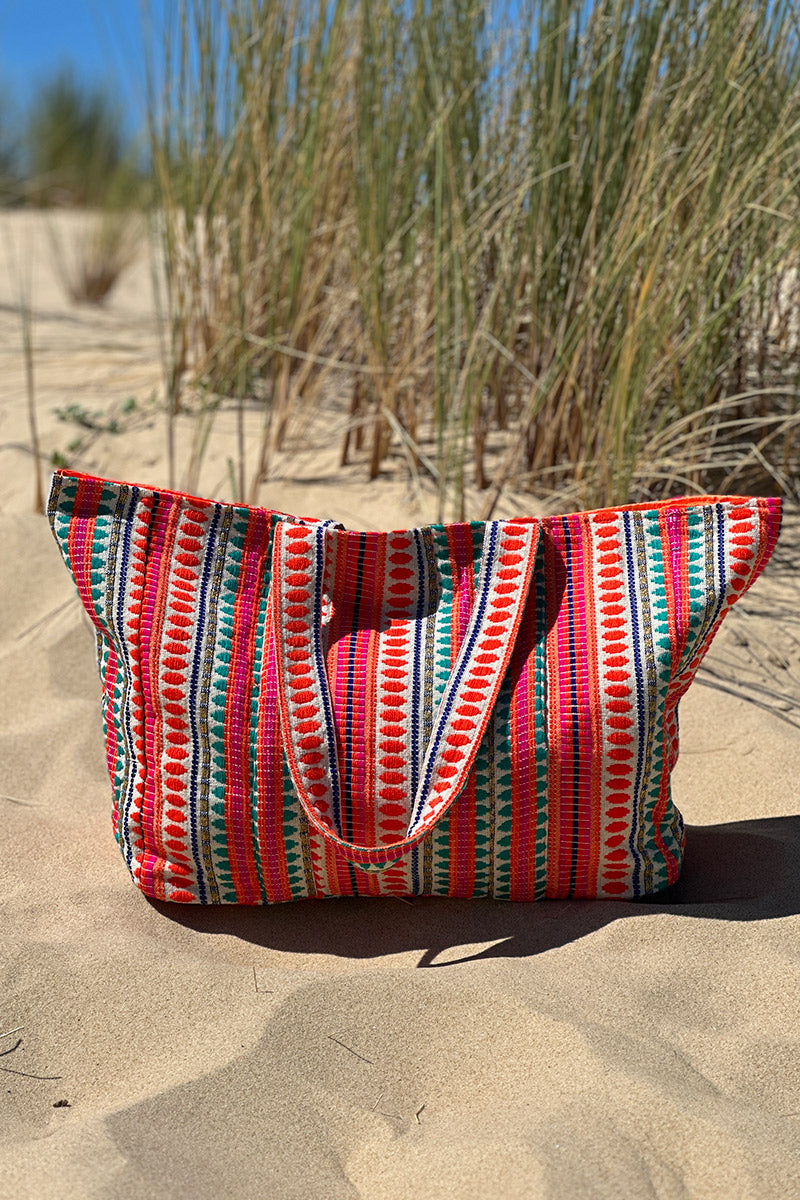 Coral Stripe Tapestry Tote