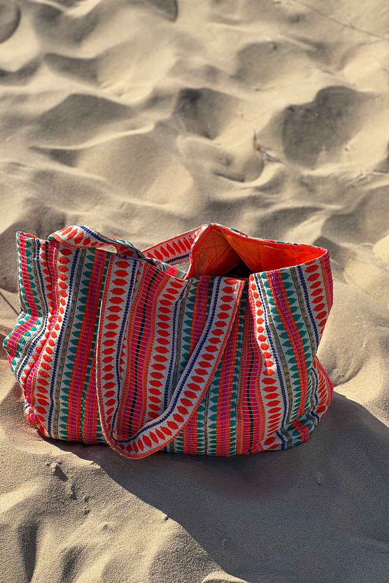 Coral Stripe Tapestry Tote