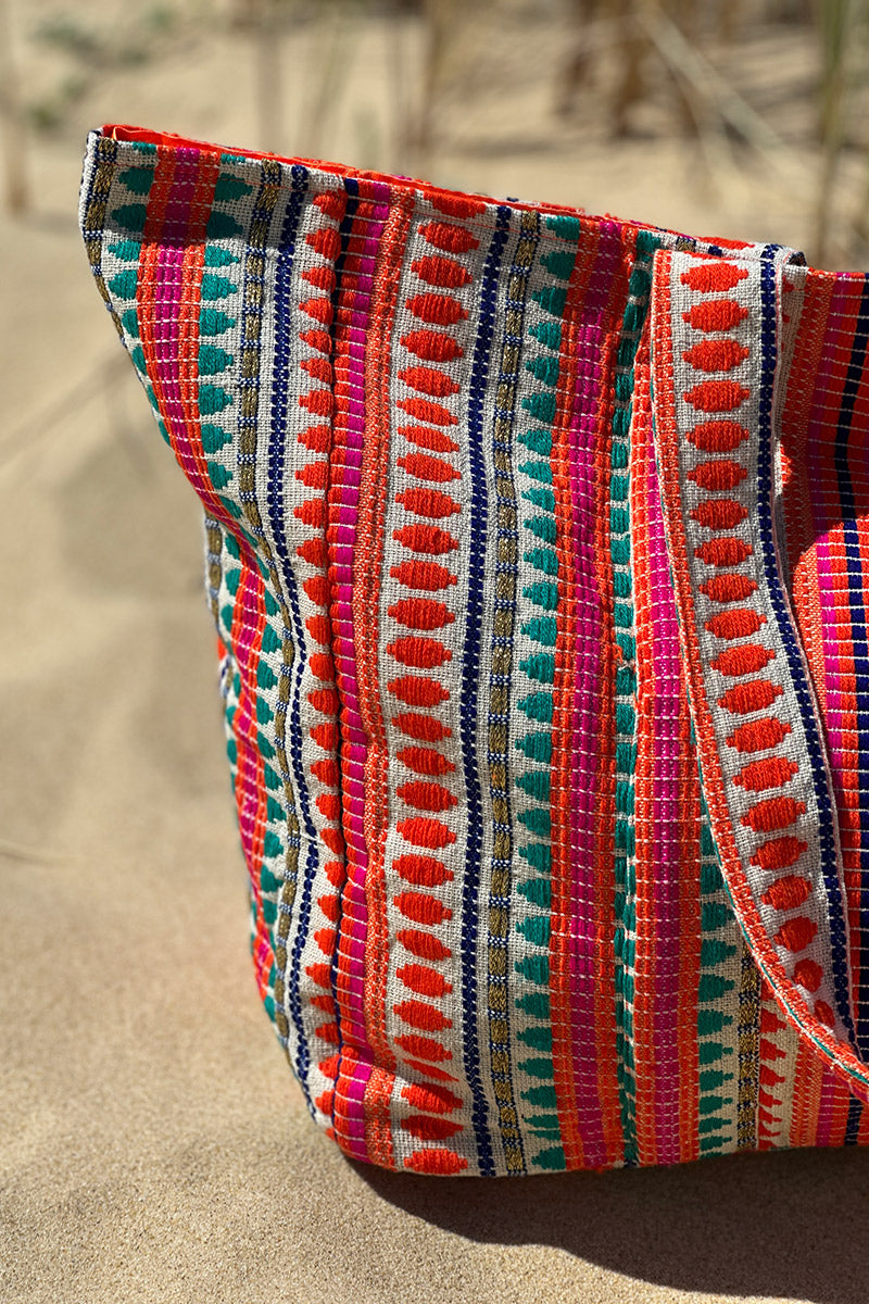 Coral Stripe Tapestry Tote