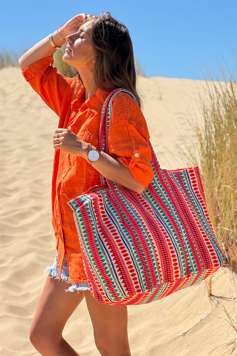 Coral Stripe Tapestry Tote