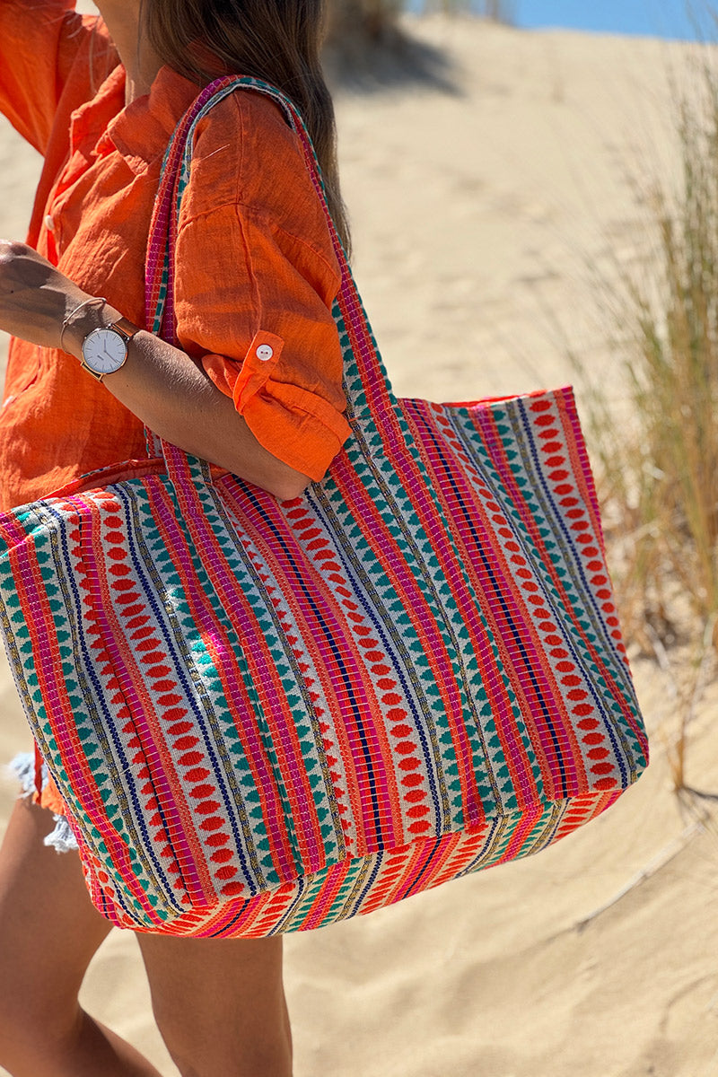 Coral Stripe Tapestry Tote