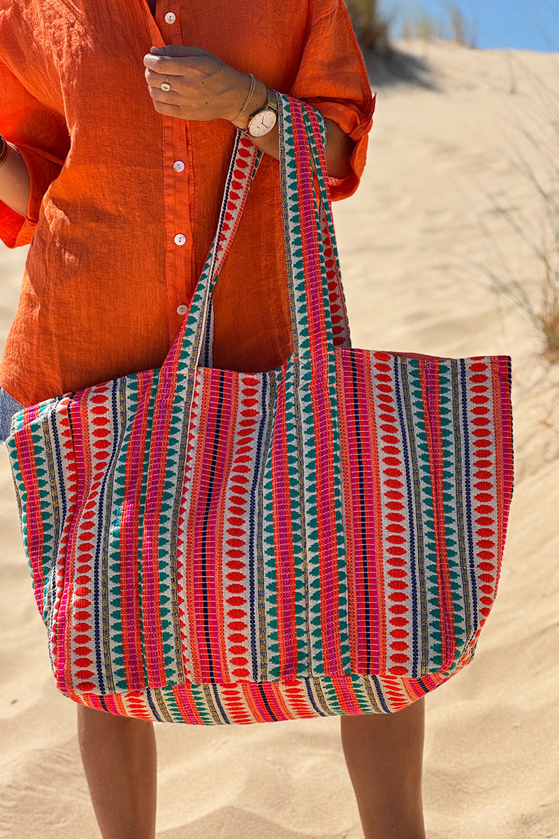 Coral Stripe Tapestry Tote