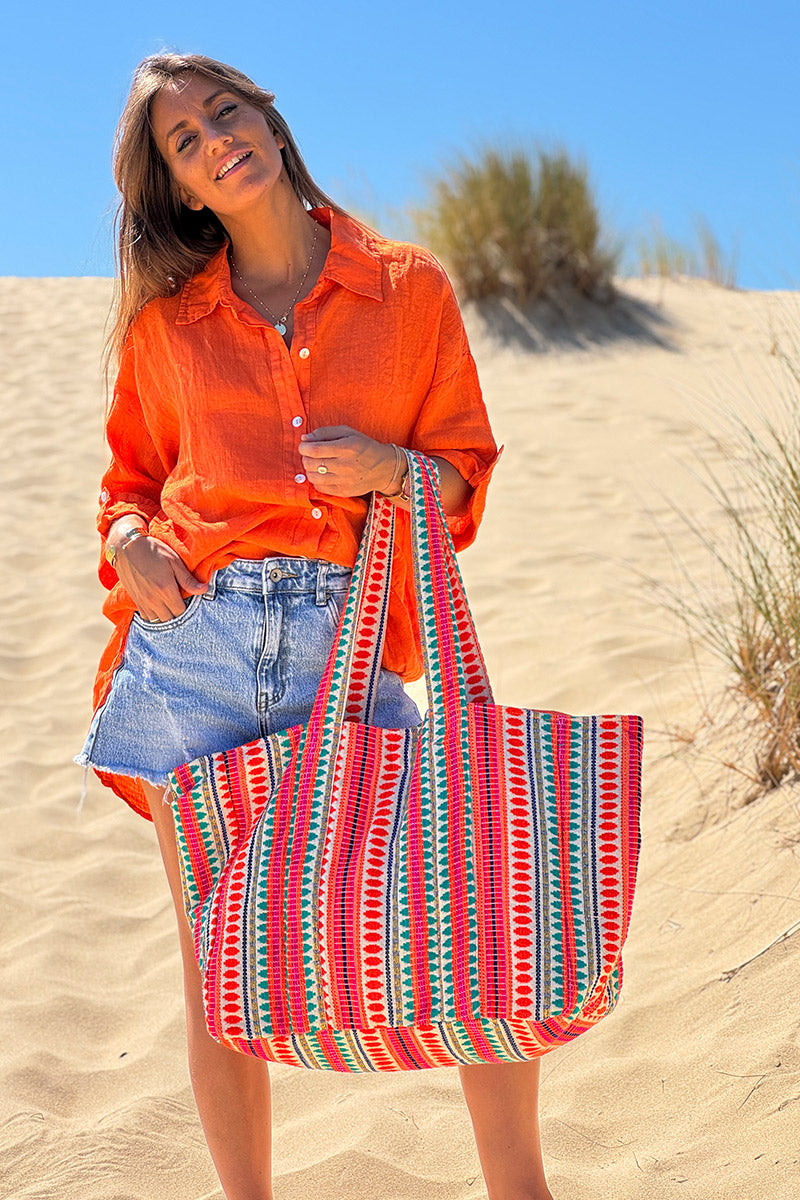 Coral Stripe Tapestry Tote