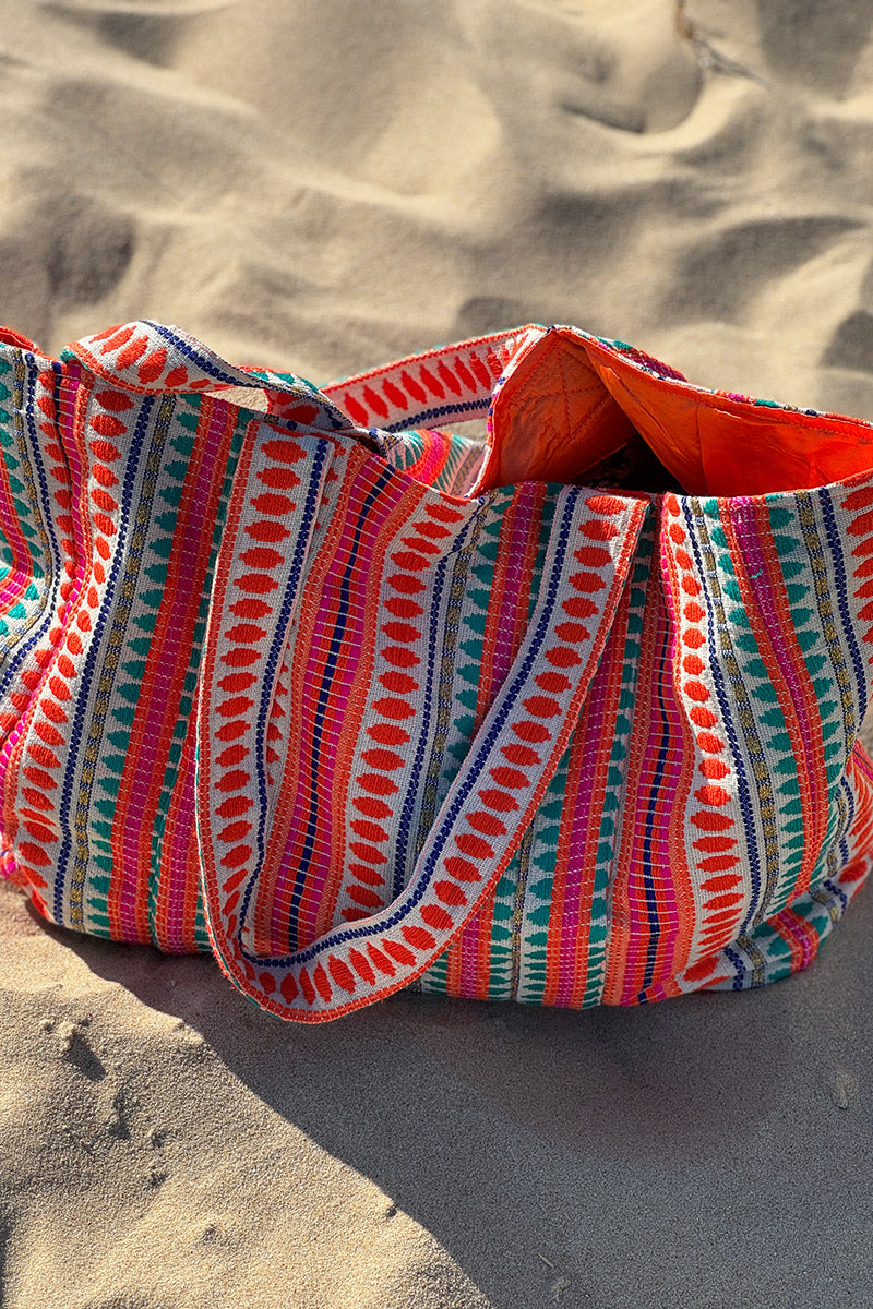 Coral Stripe Tapestry Tote