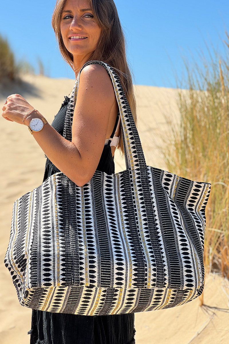 Sac cabas en coton effet piqué broderie motif noir et doré