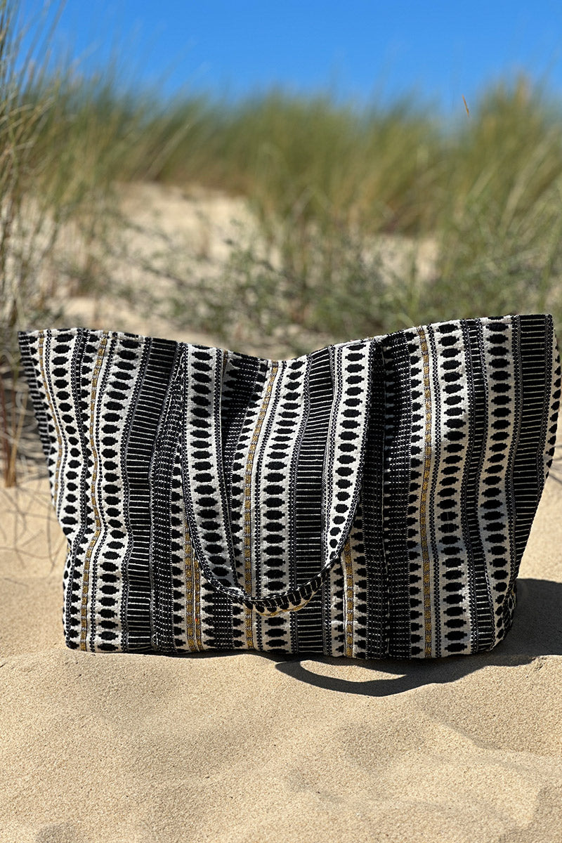 Sac cabas en coton effet piqué broderie motif noir et doré