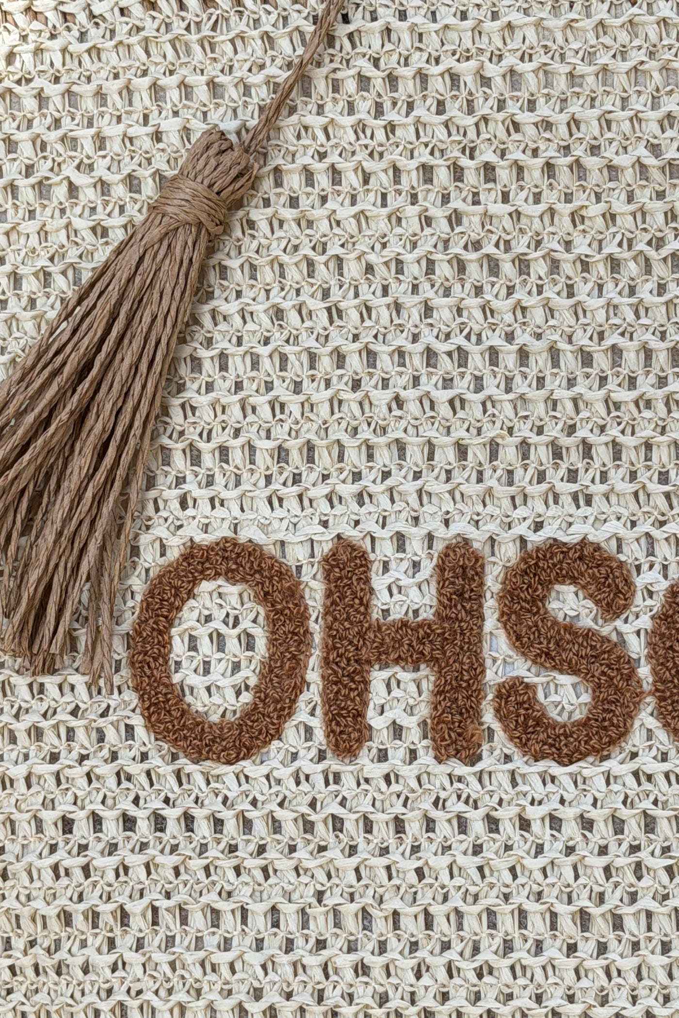 Sac cabas en style raphia paille beige et marron broderie "Oh Soleil"