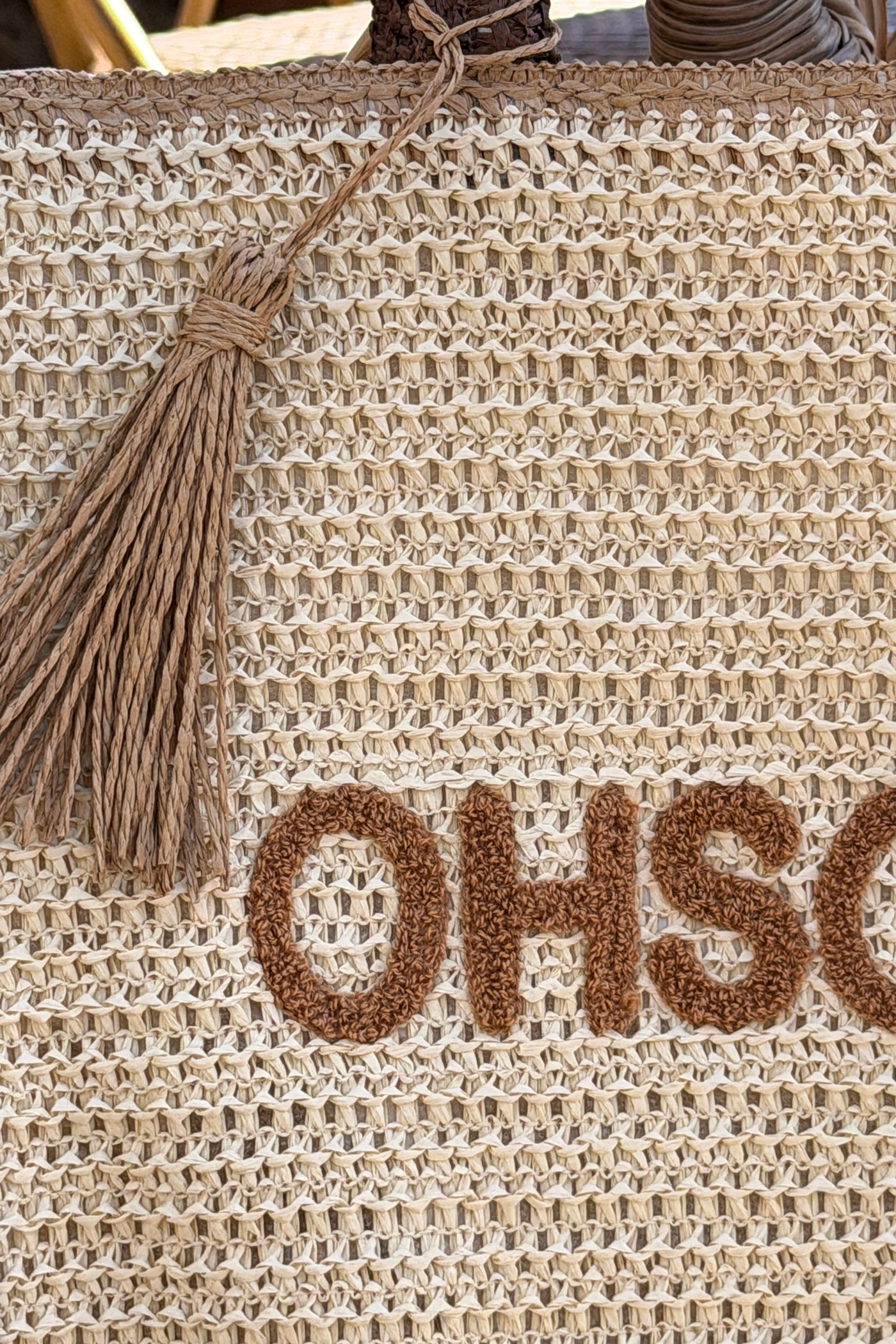 Sac cabas en style raphia paille beige et marron broderie "Oh Soleil"