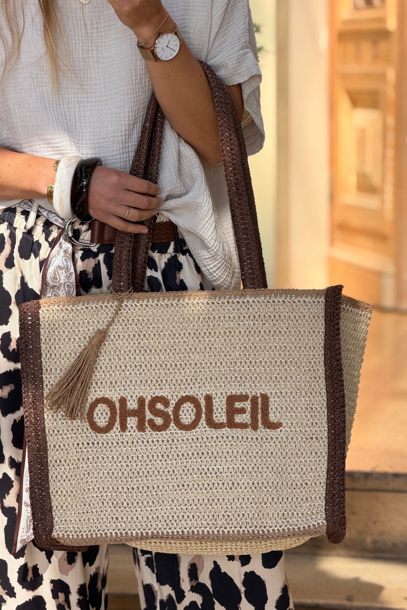 Sac cabas en style raphia paille beige et marron broderie "Oh Soleil"