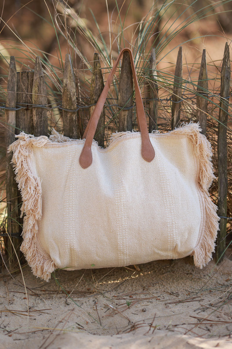 Sac cabas mou en coton écru détails franges avec pochette