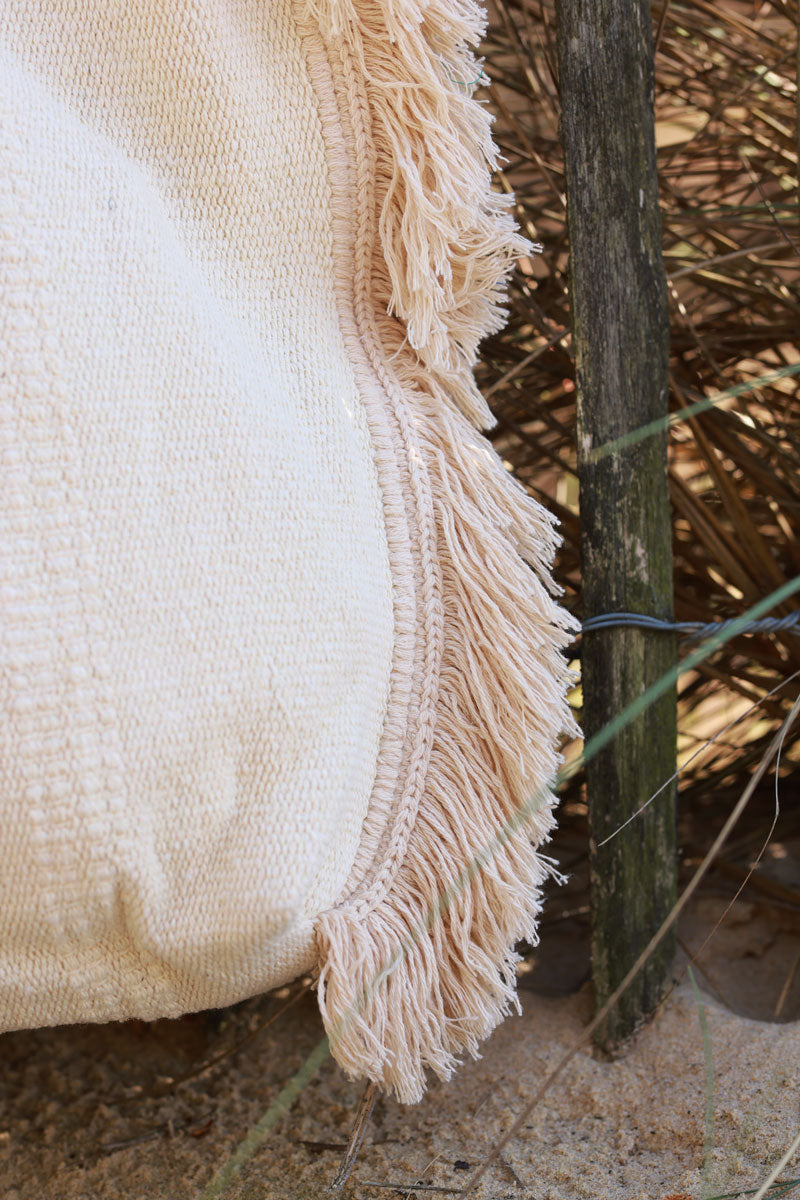 Sac cabas mou en coton écru détails franges avec pochette