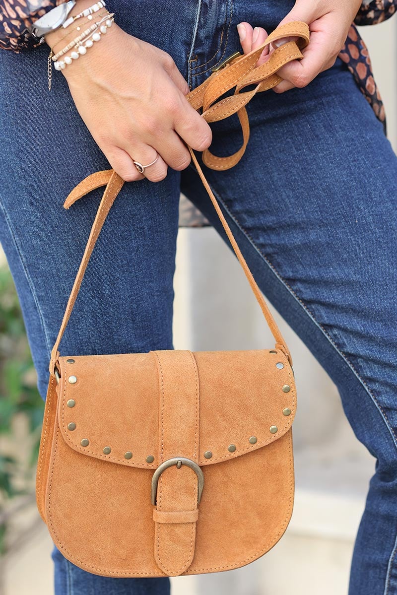 Sac cartable clouté matière cuir velours couleur camel pochette femme pratique G032
