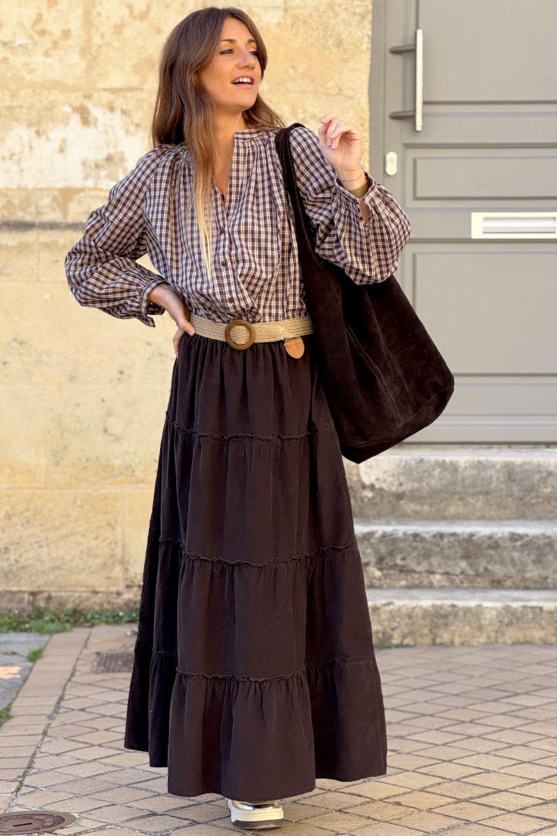 Sac en cuir velours marron forme besace avec zip
