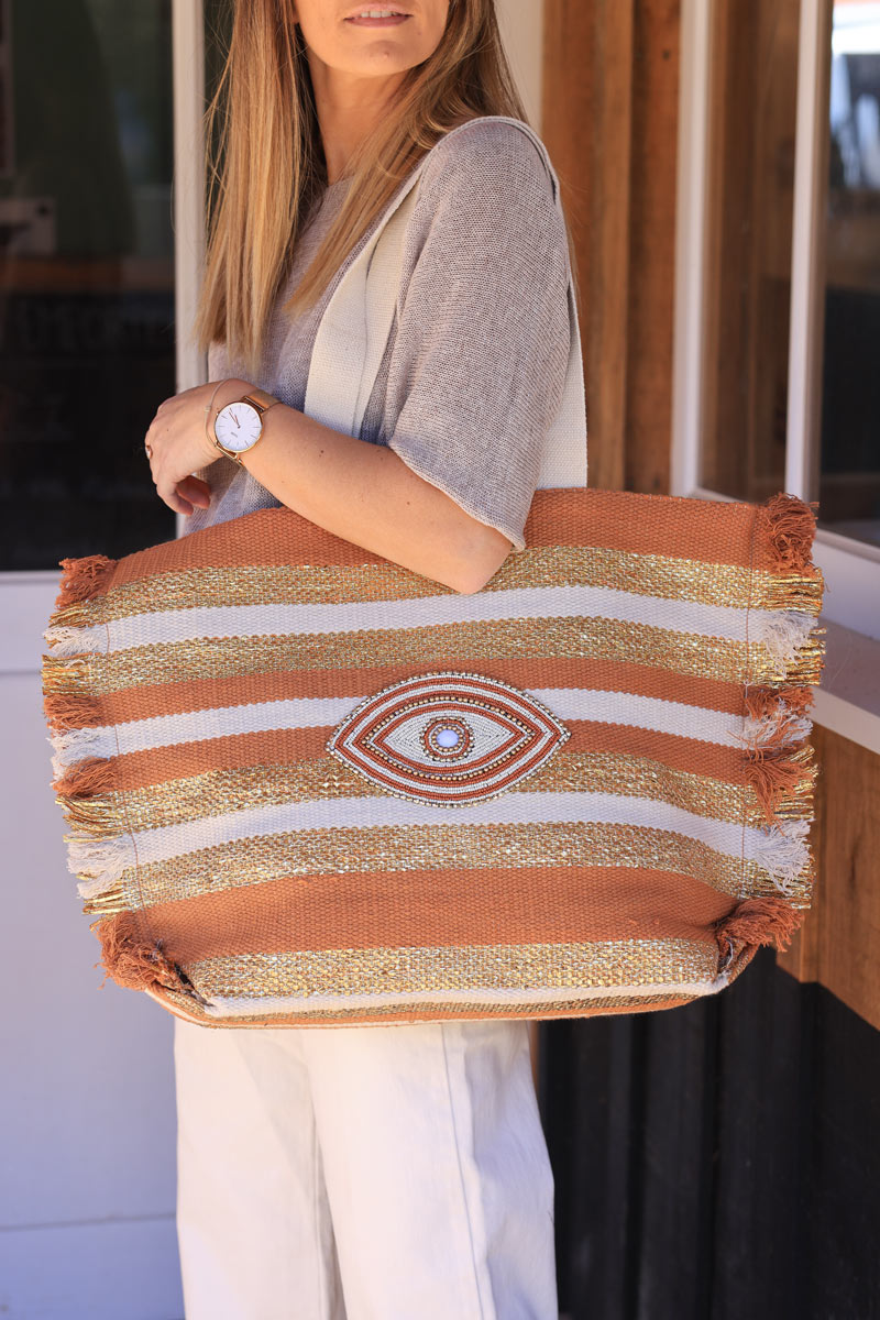 Sac en coton à franges rayures camel beige et gold œil perles