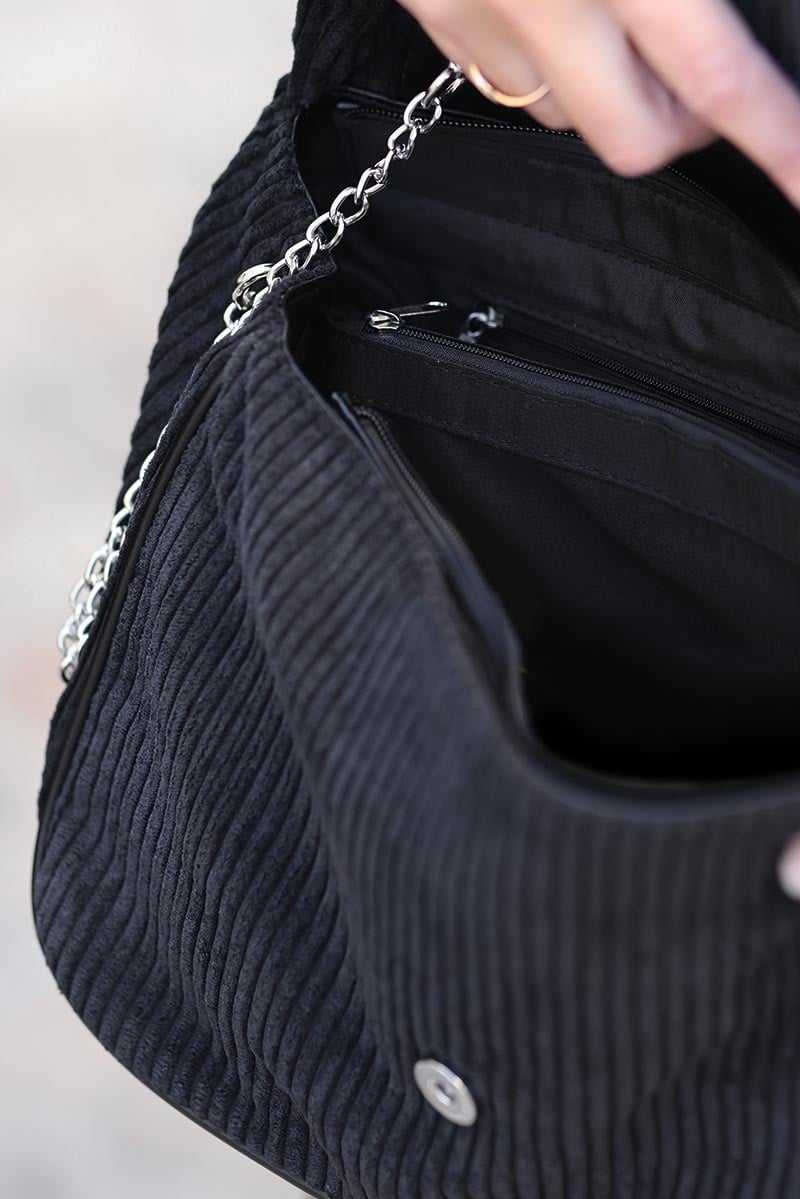Sac en velours cotele noir anse chaine g043