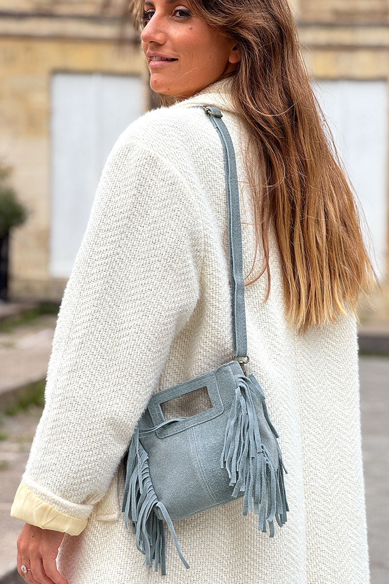 Sac à main à franges bleu en cuir suède anse poignée et bandoulière mini format