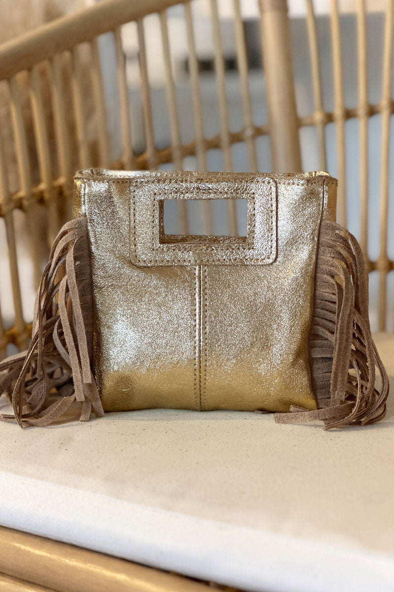 Sac à main à franges doré en cuir suède anse poignée et bandoulière mini format