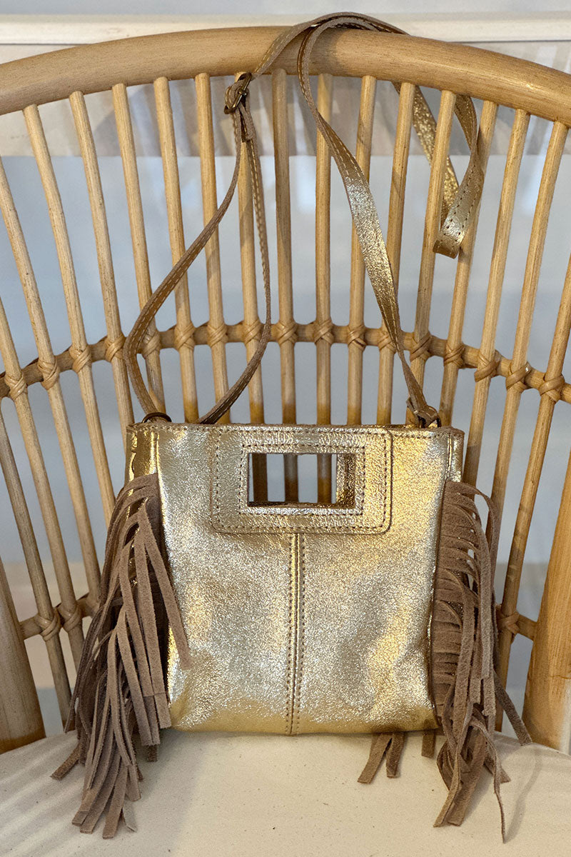 Sac à main à franges doré en cuir suède anse poignée et bandoulière mini format