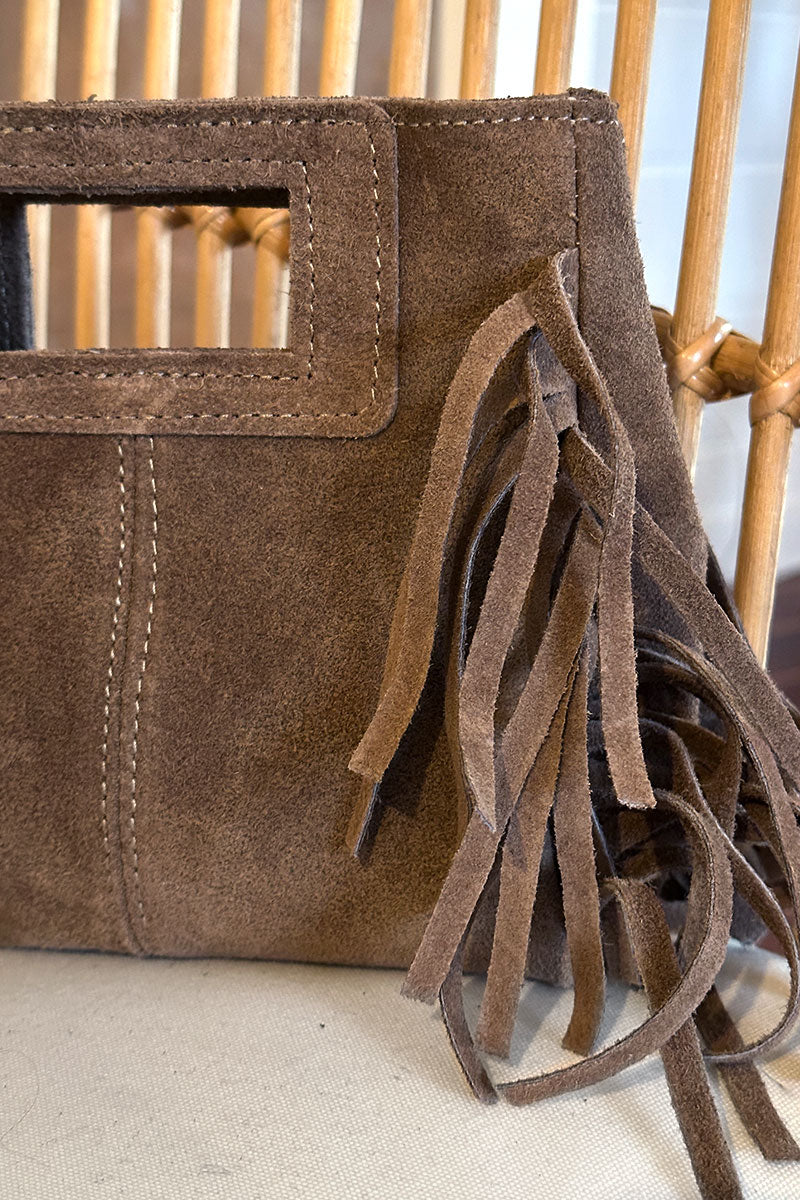 Sac à main à franges taupe en cuir suède anse poignée et bandoulière mini format
