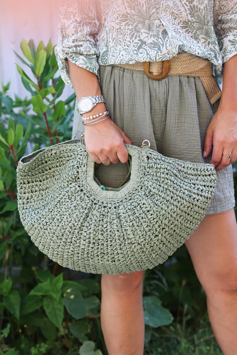 Sac panier souple kaki demi lune style raphia anses rigides et bandoulière