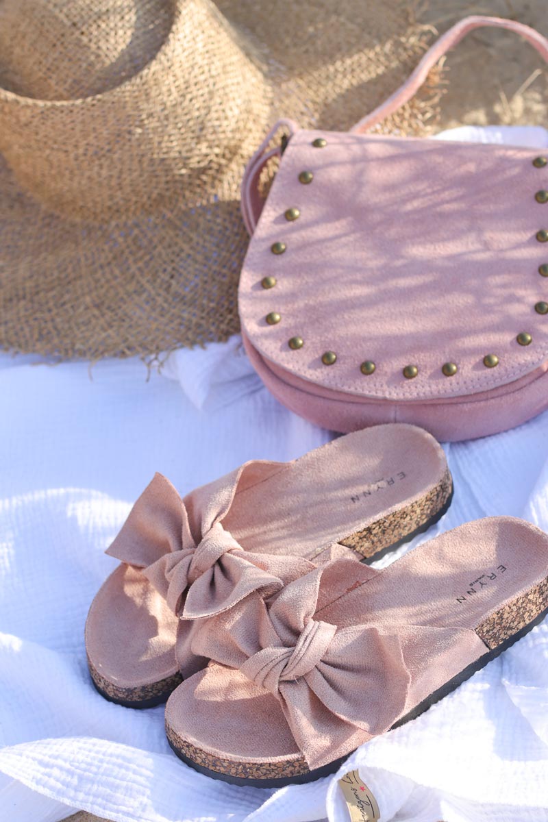 Sac rose en cuir velours rabat clous D024 (1)
