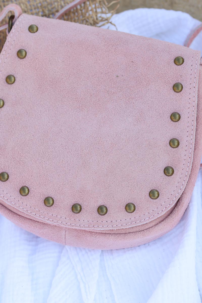 Sac rose en cuir velours rabat clous D024 (1)
