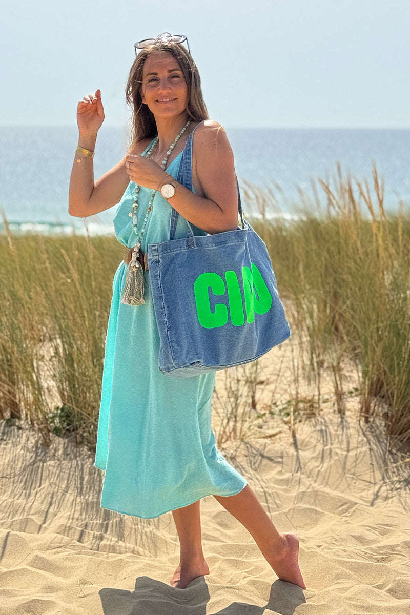 Dark Blue Vintage Wash “CIAO” Denim Tote Bag