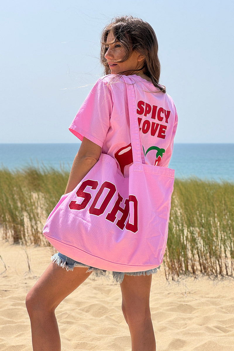 Pink SOHO Varsity Denim Tote Bag