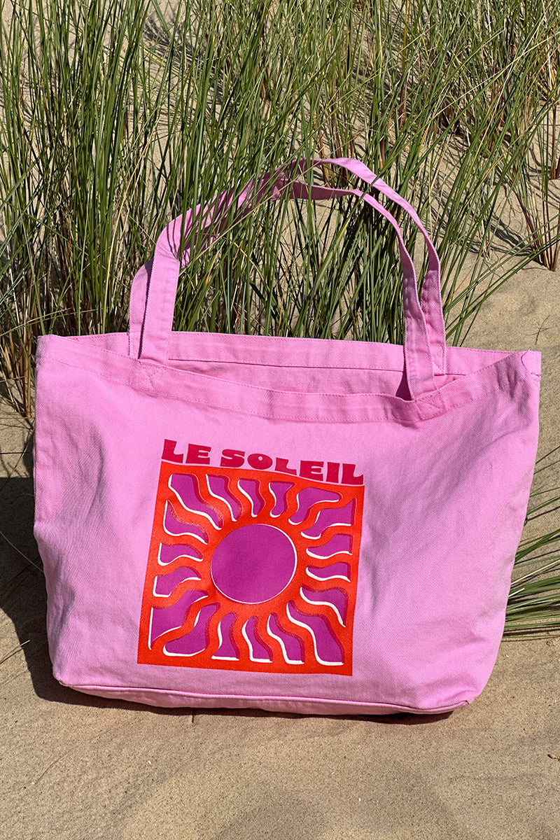 Sac tote bag fourre-tout en jean rose délavé Le Soleil fuchsia et orange