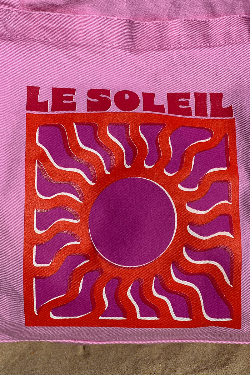 Sac tote bag fourre-tout en jean rose délavé Le Soleil fuchsia et orange