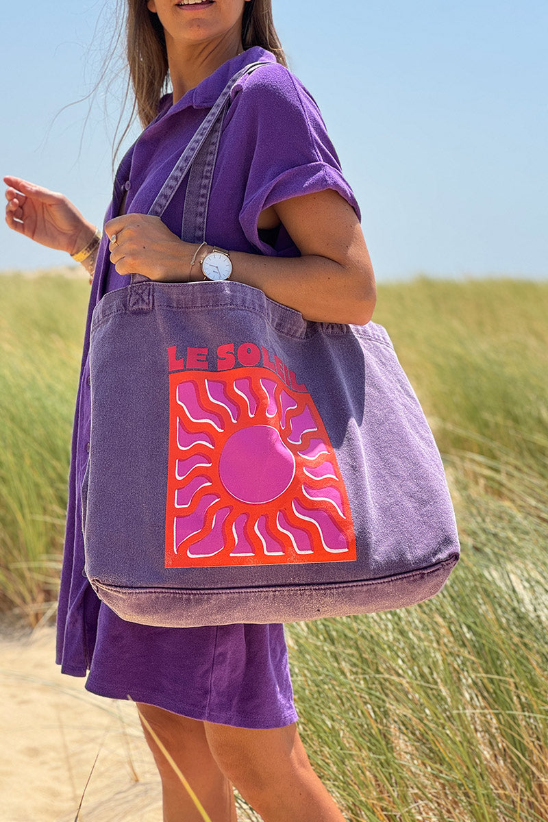 Sac tote bag fourre-tout en jean violet délavé Le Soleil fuchsia et orange