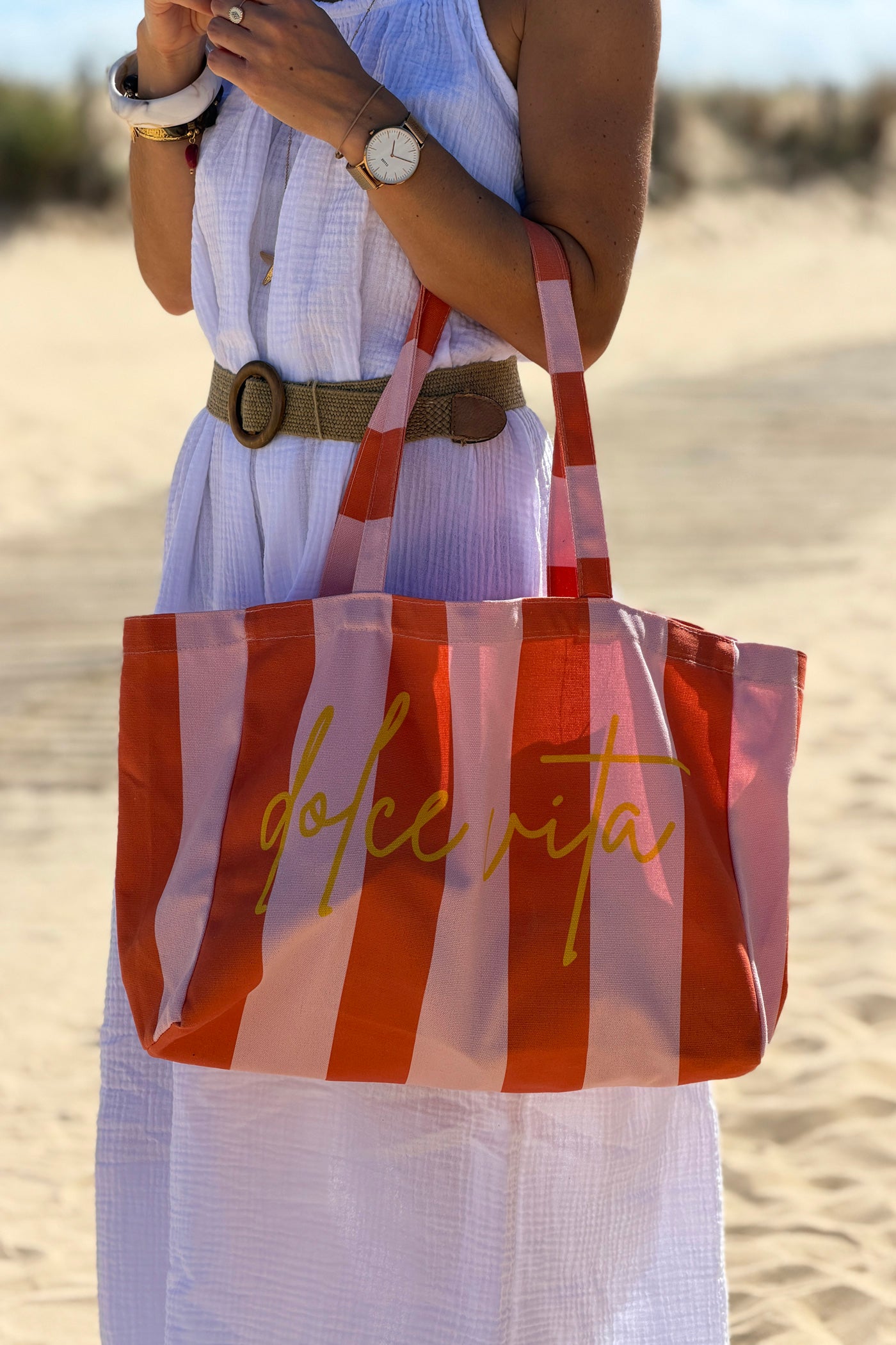 Sac tote bag rayures rose et orange Dolce Vita