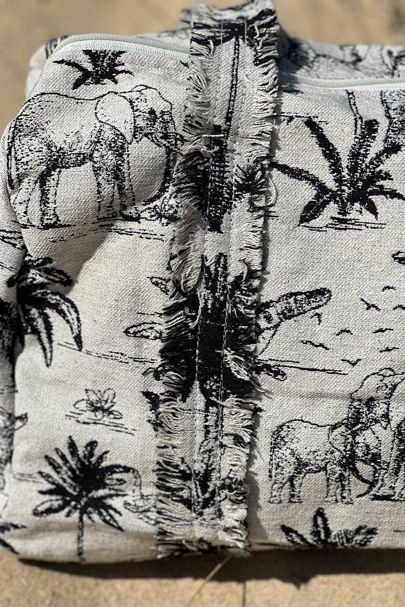 Sac week end en coton effet piqué broderie toile de jouy jungle noir