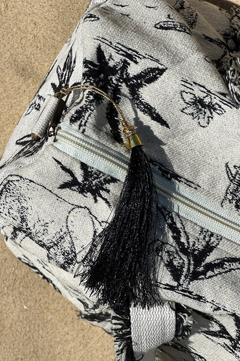 Sac week end en coton effet piqué broderie toile de jouy jungle noir