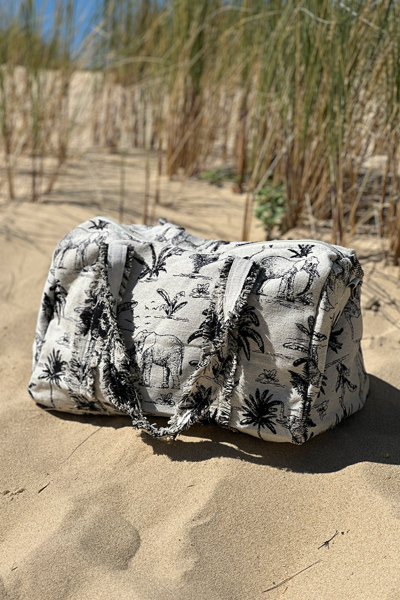 Sac week end en coton effet piqué broderie toile de jouy jungle noir