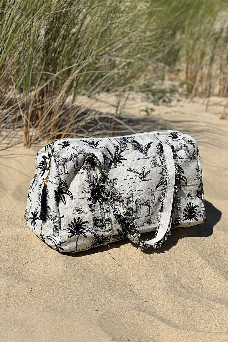 Sac week end en coton effet piqué broderie toile de jouy jungle noir