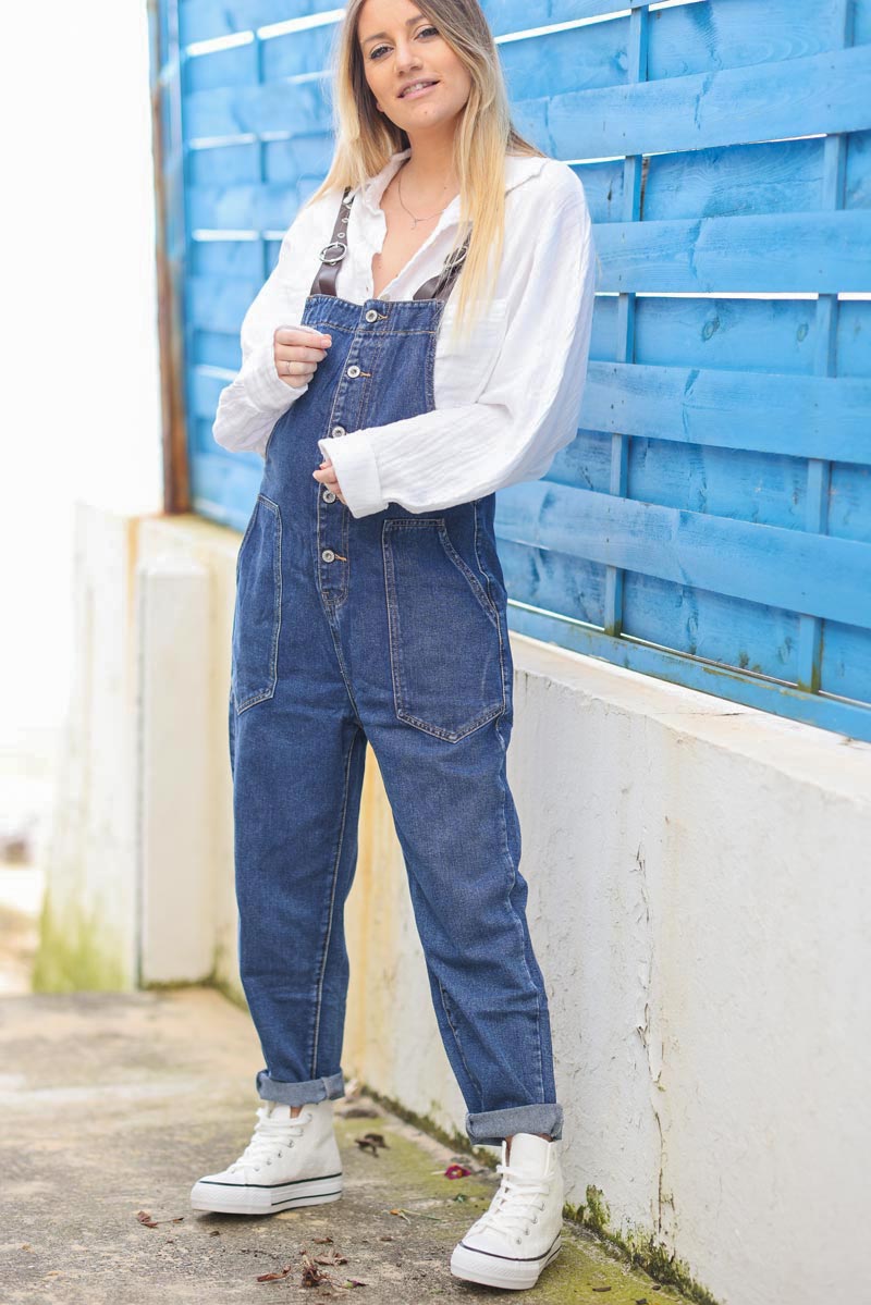 Salopette en jean bretelle simili poches et boutons g004 (1)