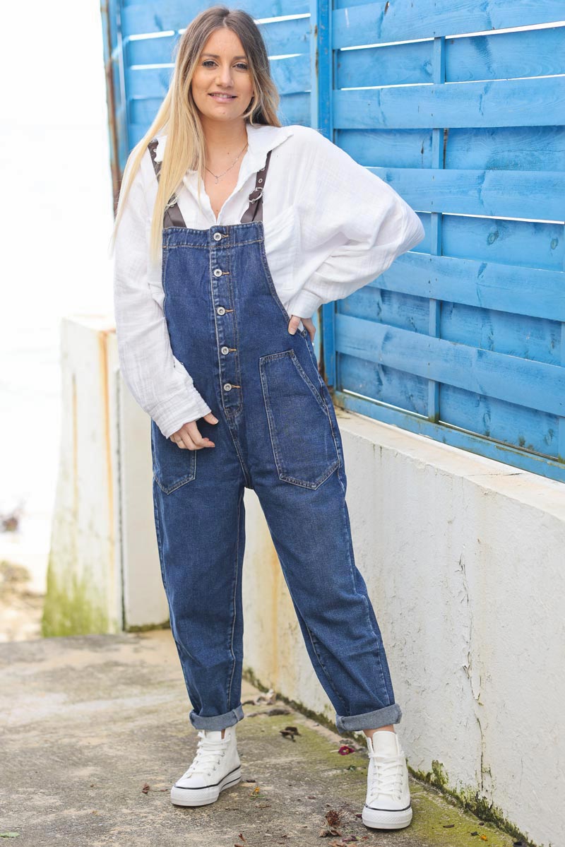 Salopette en jean bretelle simili poches et boutons g004 (1)