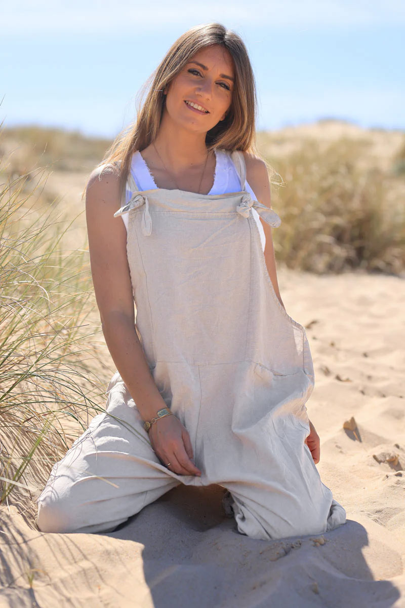 Beige Cotton and Linen Flowing Overalls