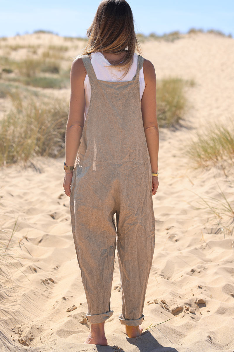 Salopette fluide camel mi coton mi lin bretelles noeuds