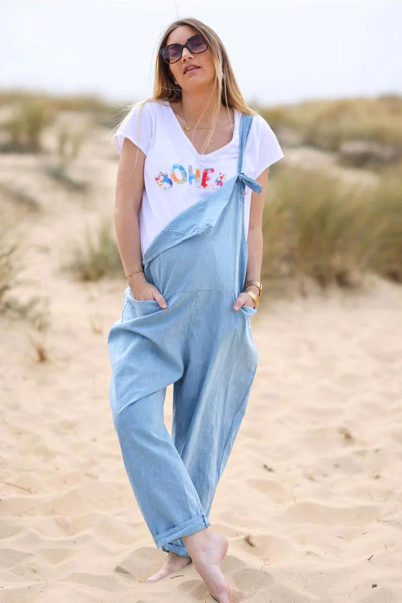 Light Blue Cotton and Linen Flowing Overalls