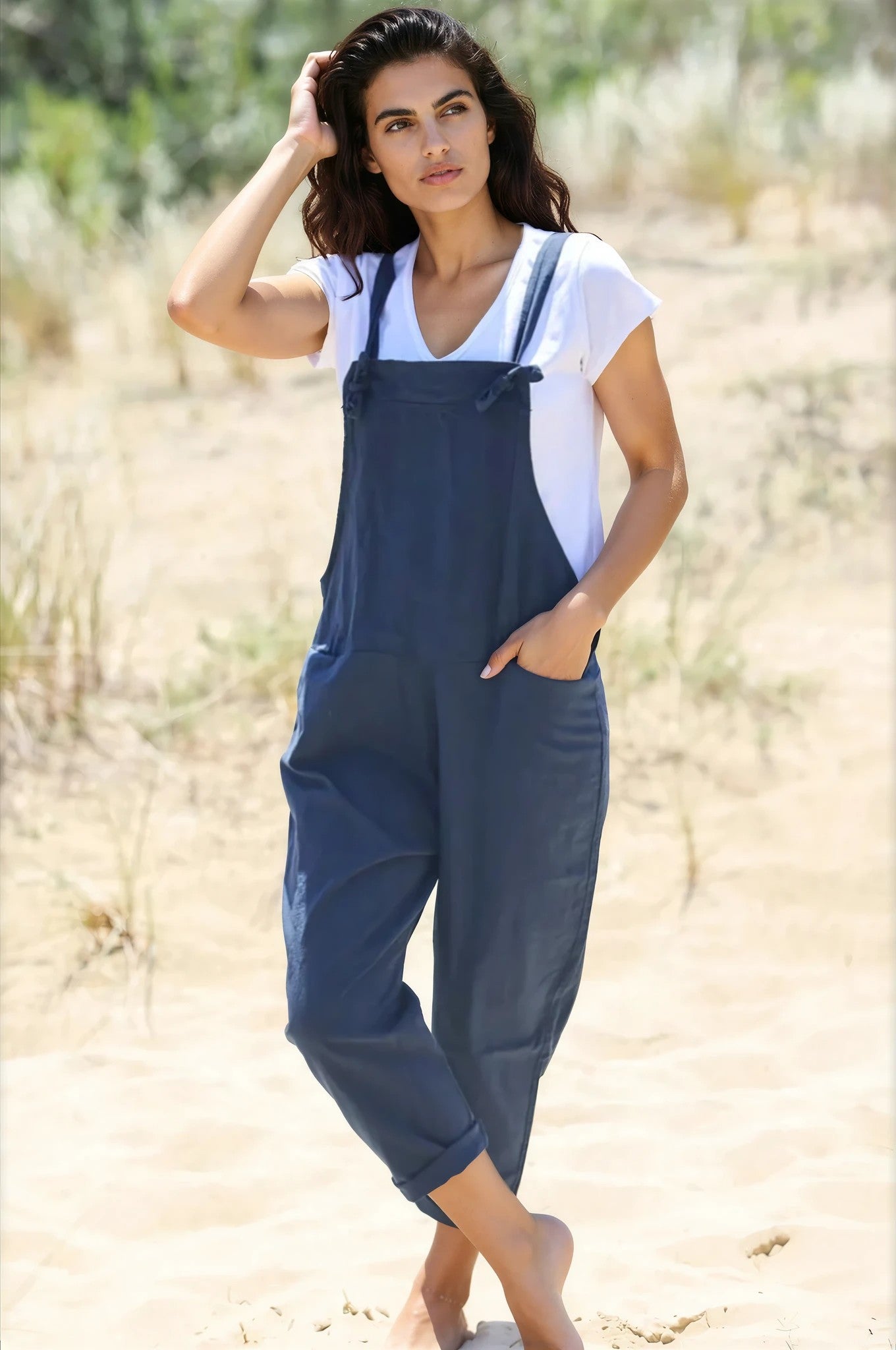 Salopette fluide bleu marine mi coton mi lin bretelles nœuds