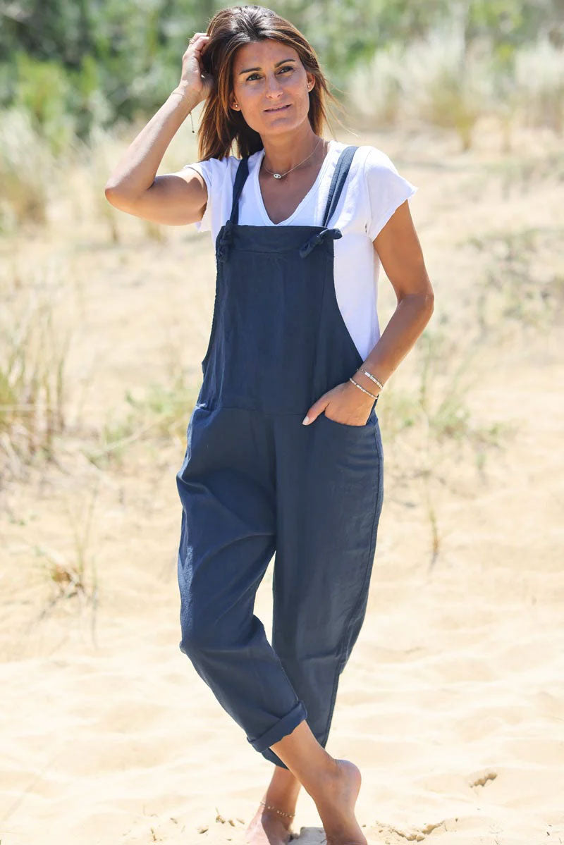 Navy Blue Cotton and Linen Flowing Overalls